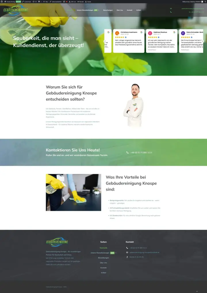 Website-Design mit Reinigungsszene und Kontaktinformationen